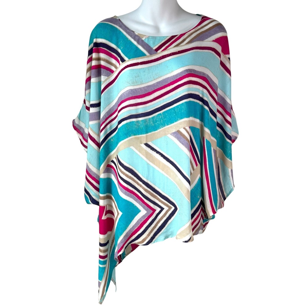 Chicos Asymmetrical Poncho Top Women S/M Multicolor Boho Luxury Vacation Flowy